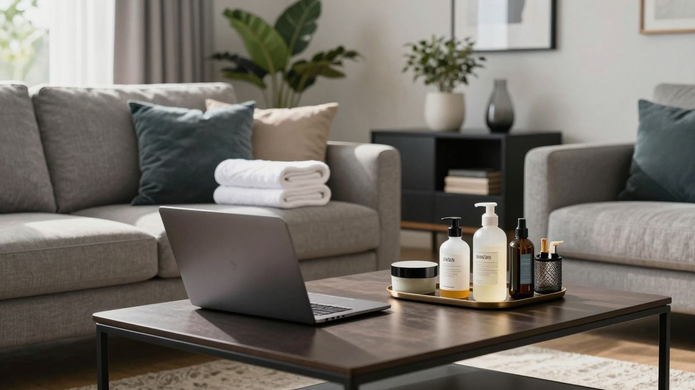 Airbnb setup expenses guide with living room visuals.