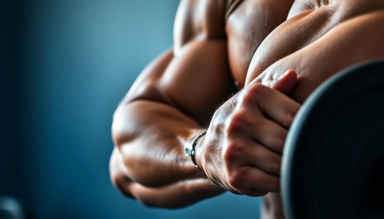 Athlete's arm straining with weight during intense exercise.