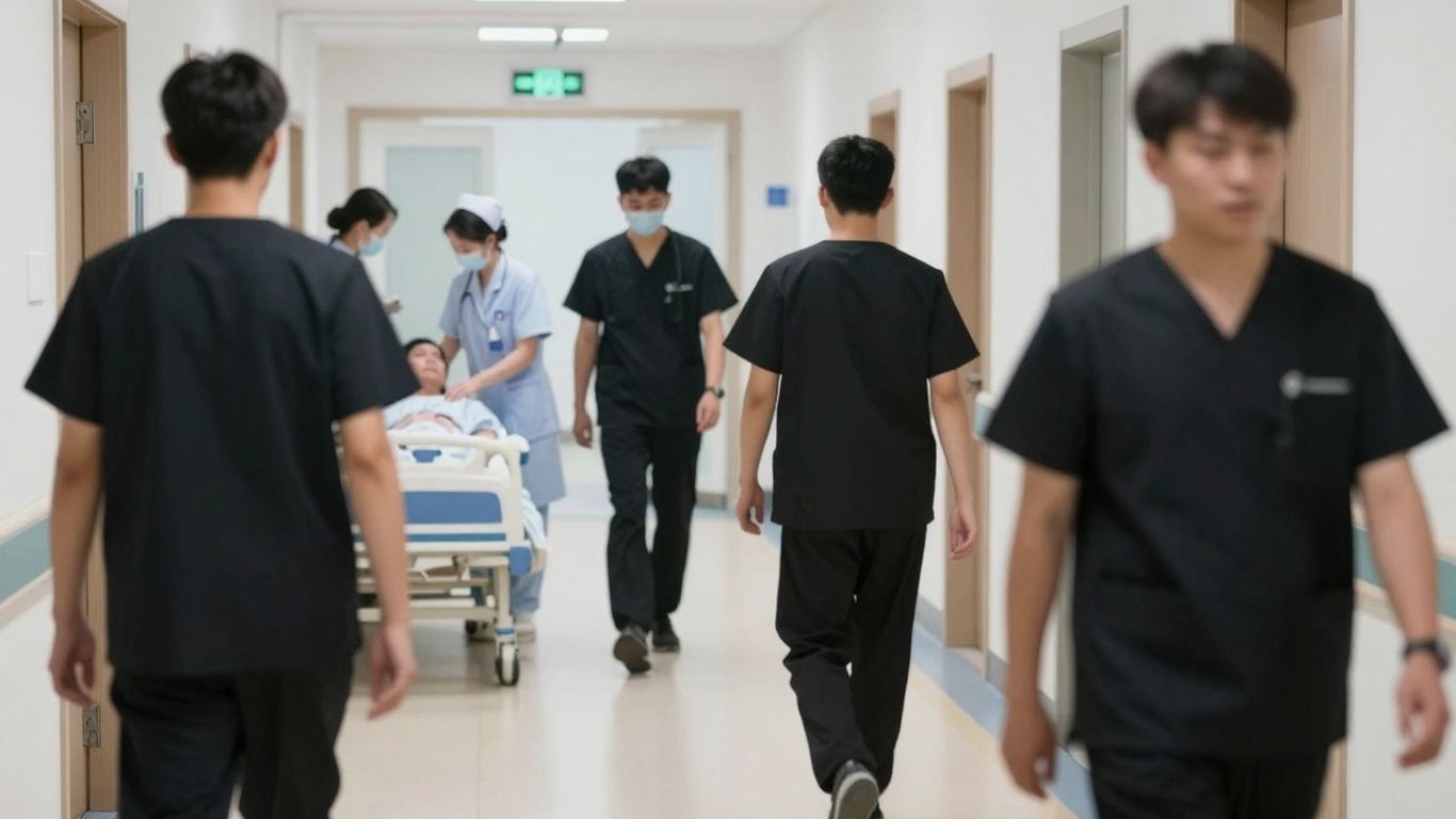 Hospital corridor with medical staff and a patient bed.