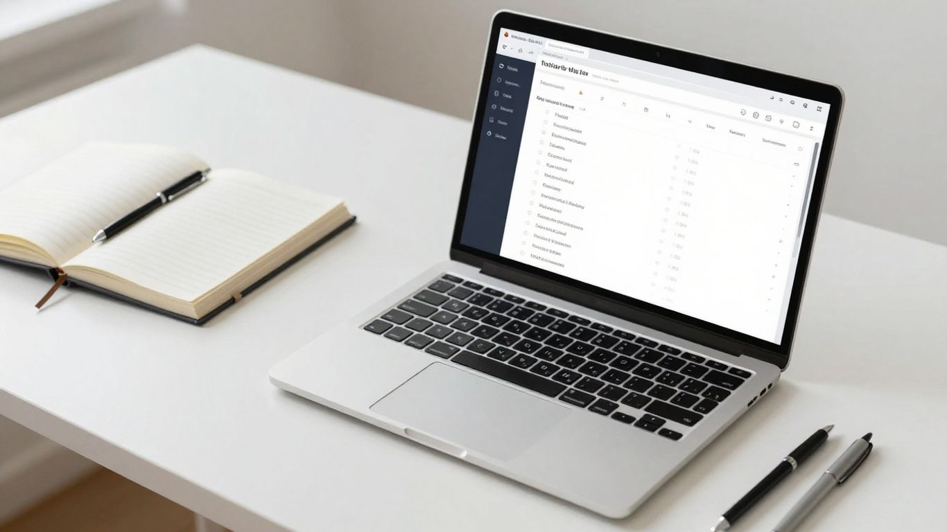 Desk with laptop showing task management app.