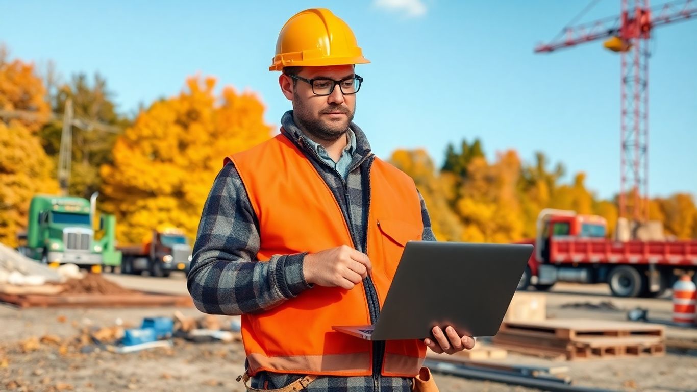 Contractor with laptop at autumn construction site