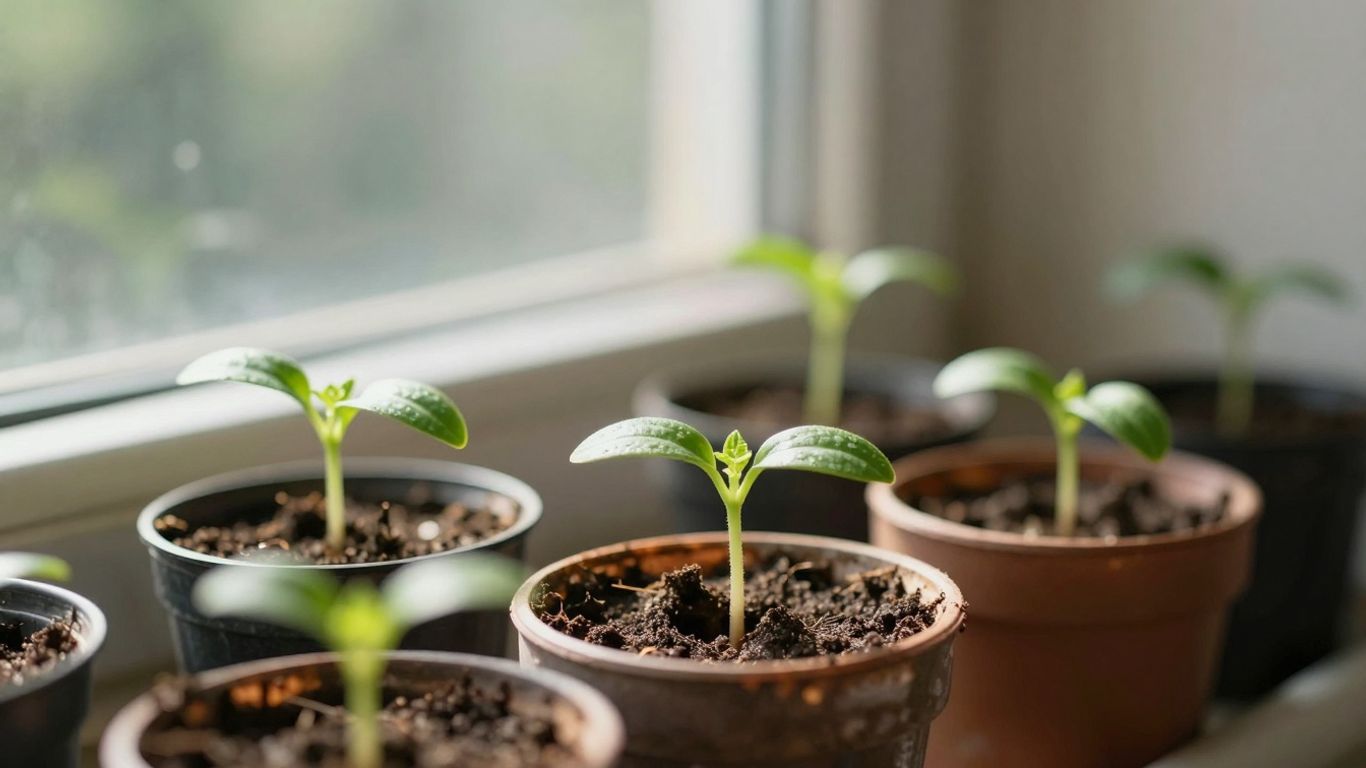 Kleine grüne Setzlinge auf einer sonnigen Fensterbank.