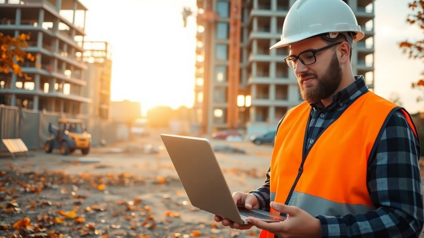 Contractor using laptop at construction site in autumn