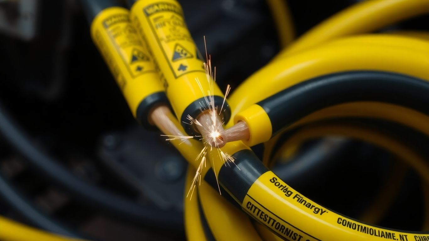 Hochspannungskabel mit Warnmarkierungen, Funkenflug