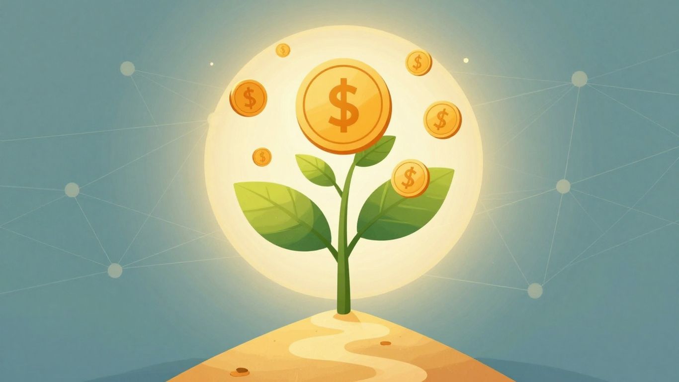 Growing plant with coins and currency, symbolizing customer value.