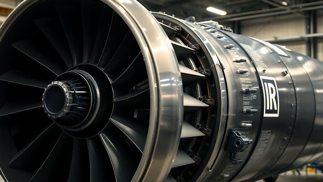 Rolls-Royce jet engine close-up, intricate metallic components, turbine blades.