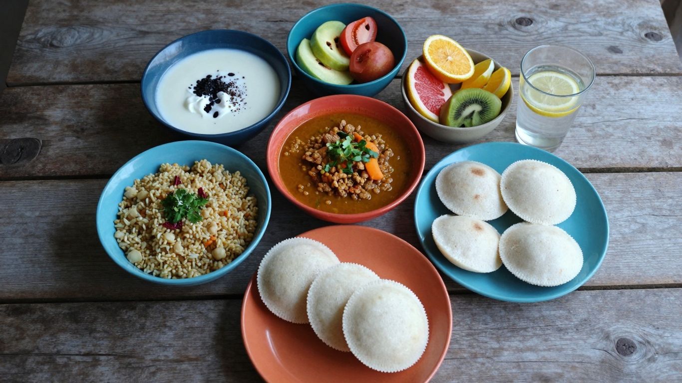 Healthy Indian breakfast with poha, idli, and fruit.