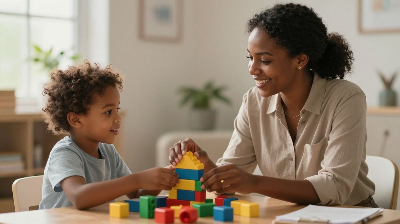 Child and therapist engaging with building blocks.