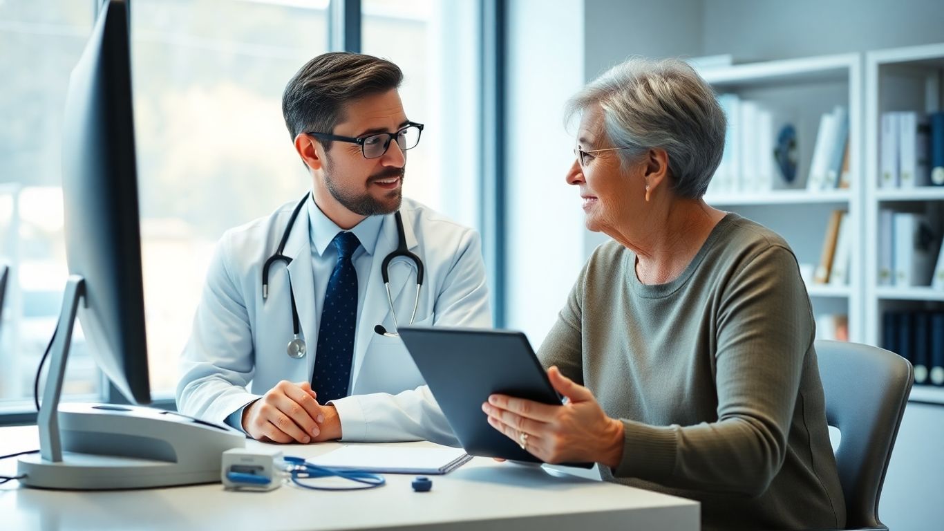Médico consulta paciente sobre reposição hormonal em consultório moderno.