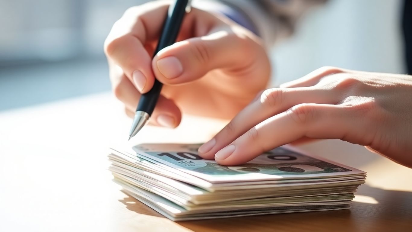 Hand with pen over money
