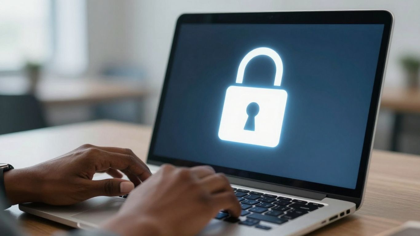 Laptop with a glowing padlock icon on screen.