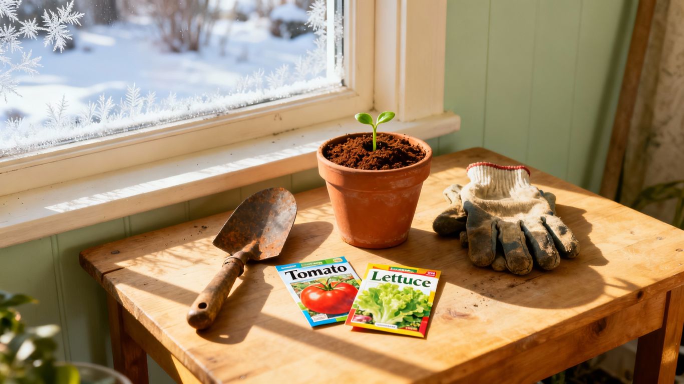 Gardening tools and seeds indoors with snowy window view.