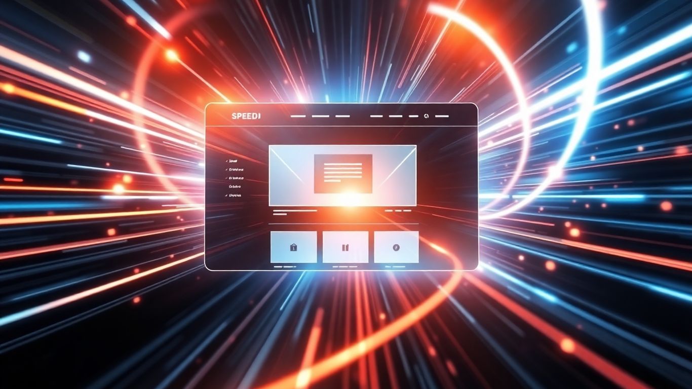 Website performance with speed lines and growth elements.