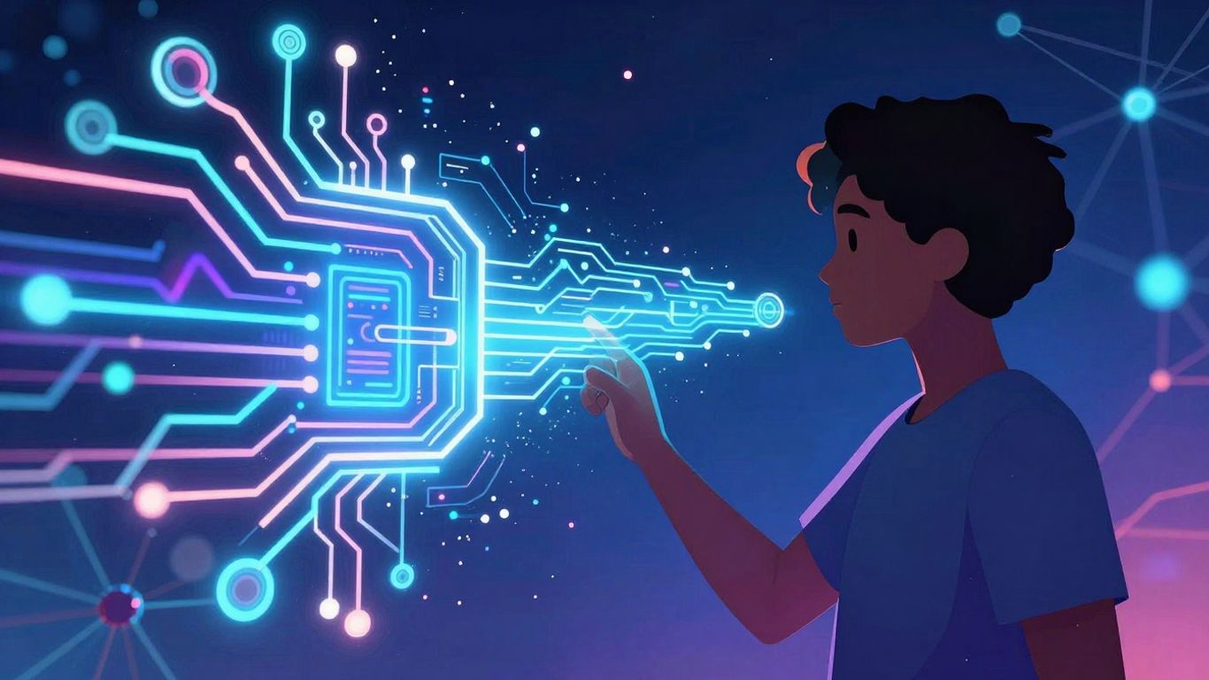 Abstract AI circuits and human silhouette interacting with data.