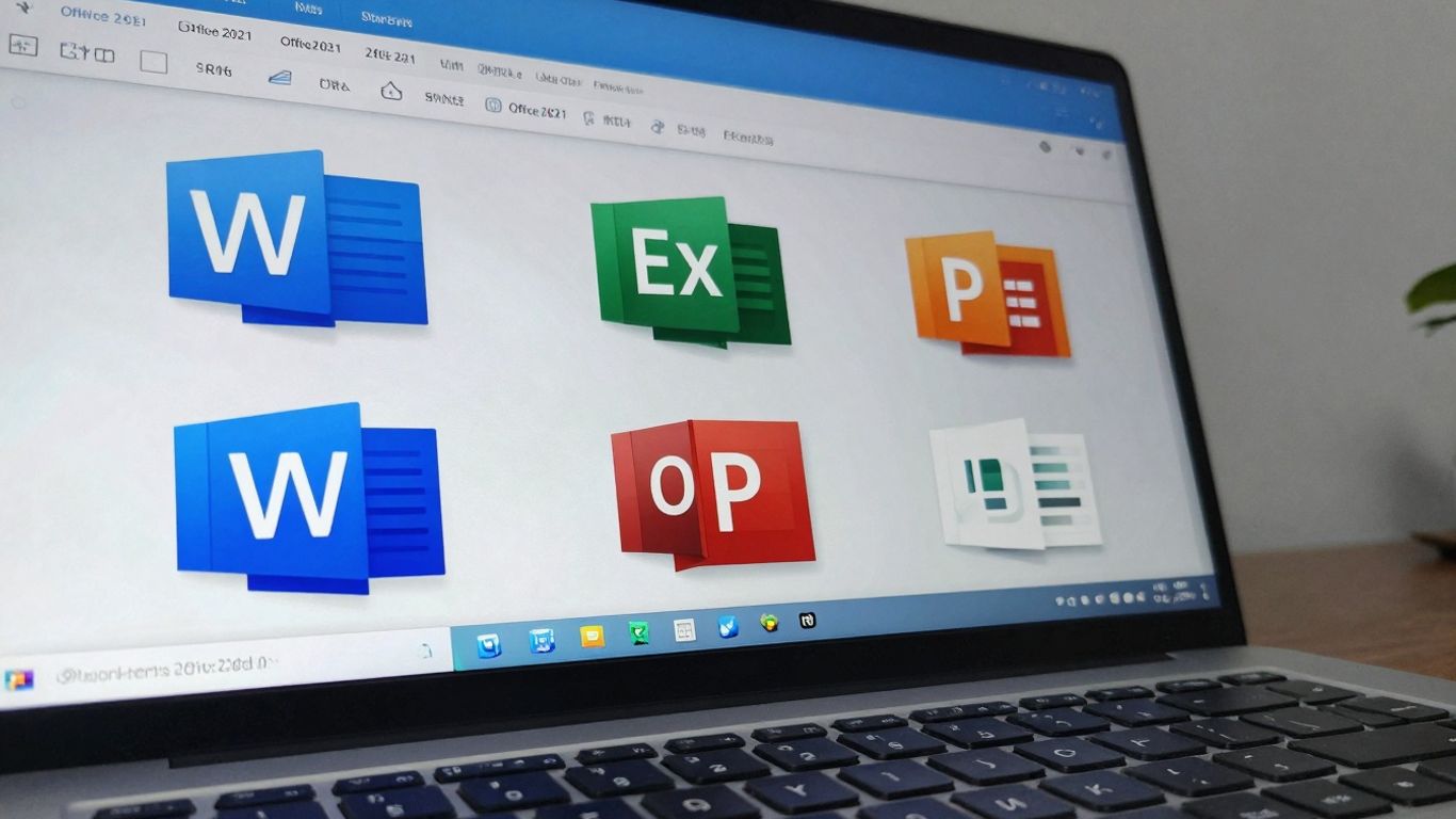 Iconos de Office 2021 en pantalla de computadora moderna.