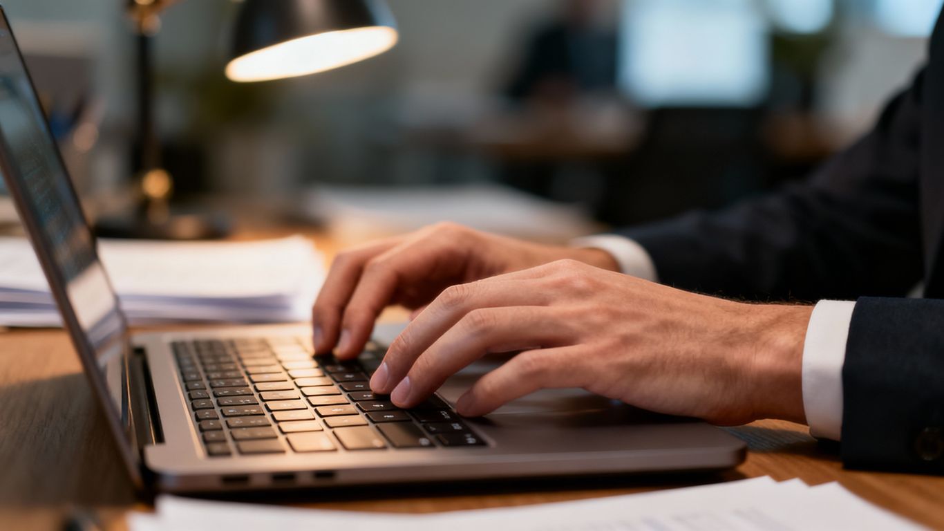 Hands typing on a laptop keyboard during a crisis.