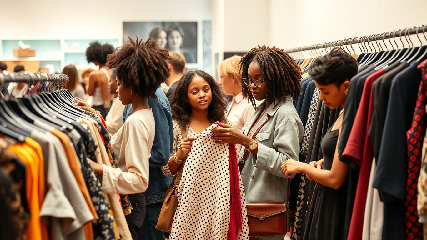 Fashionable people exploring clothing racks at Crossroads Trading.