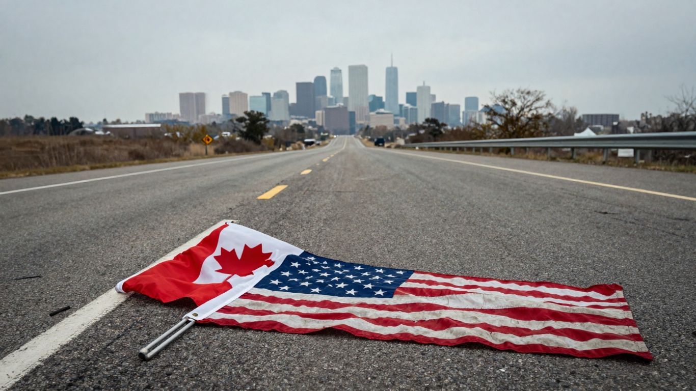 Canadian flag drooping near American flag, empty highway.