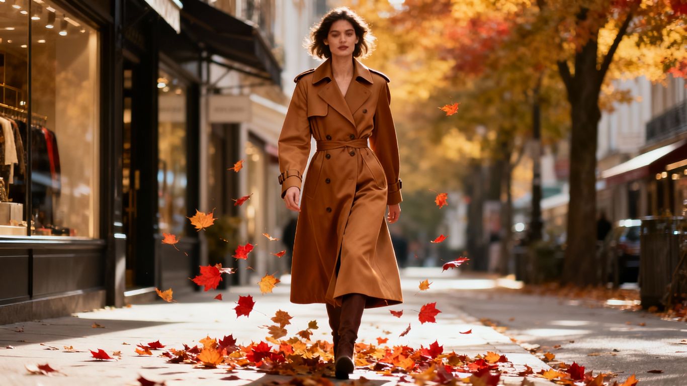 Woman in trench coat with autumn leaves
