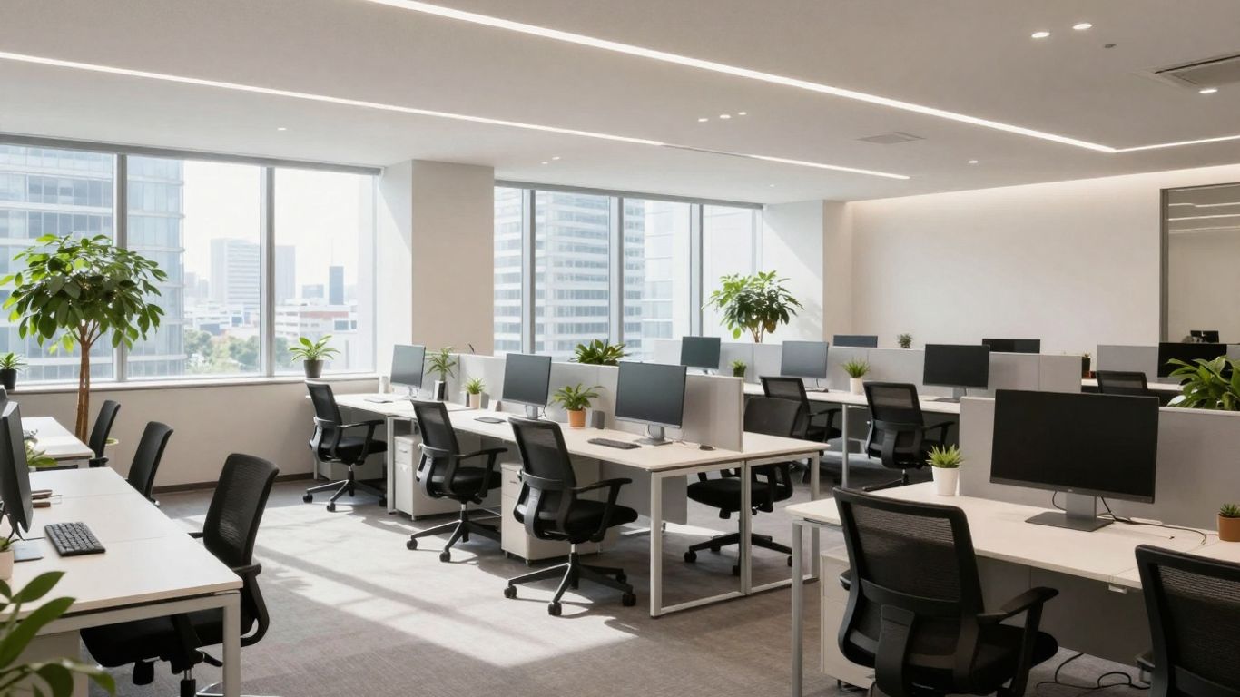 Modern, empty Tokyo office with natural light and plants.