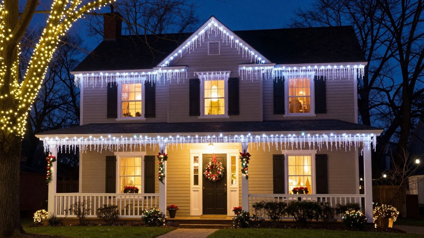 Professionally installed Christmas lights on a house in O'Fallon, IL.