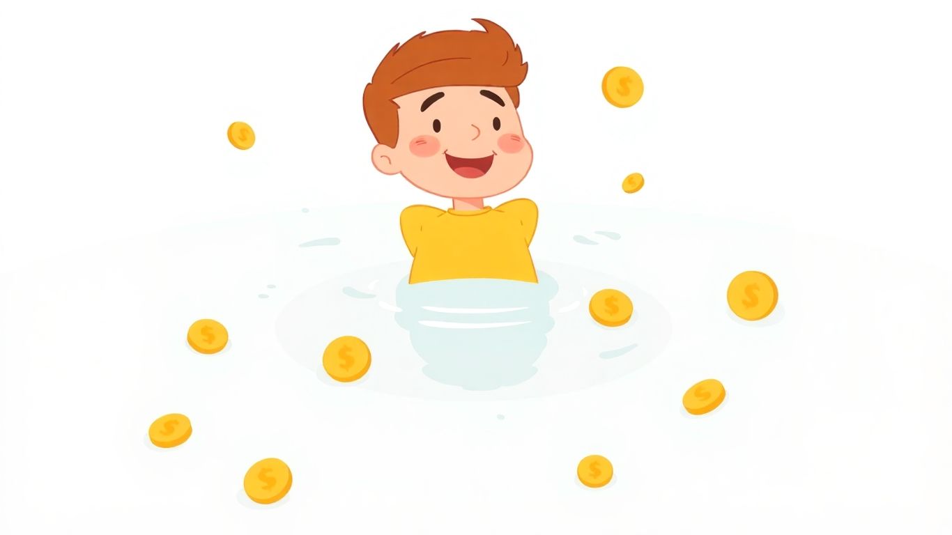 Cartoon character floating on back with falling coins.