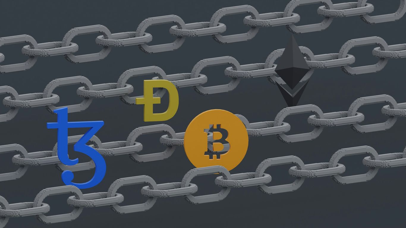 Chains with various cryptocurrency symbols displayed prominently.