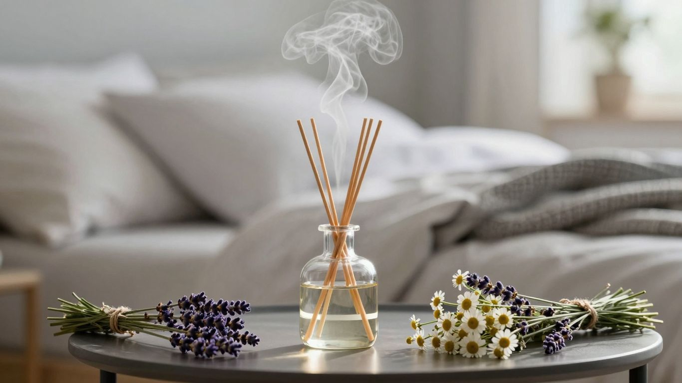 Difuzor de aromaterapie cu lavandă și mușețel pentru somn.