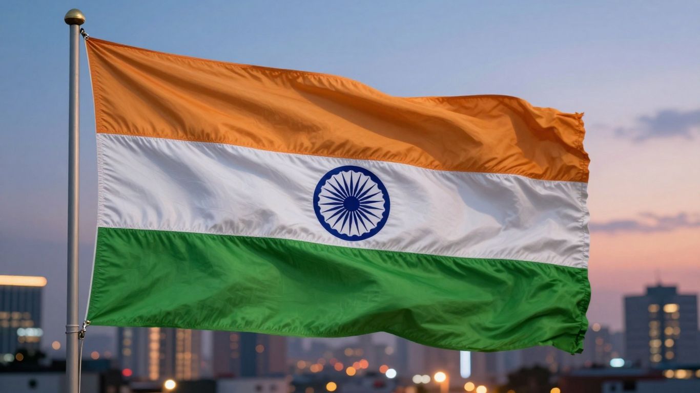 Indian flag with digital coin, cityscape background.