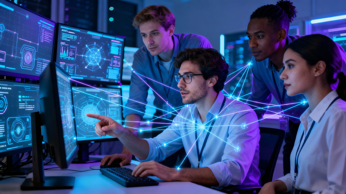 IT helpdesk team working together on computers.