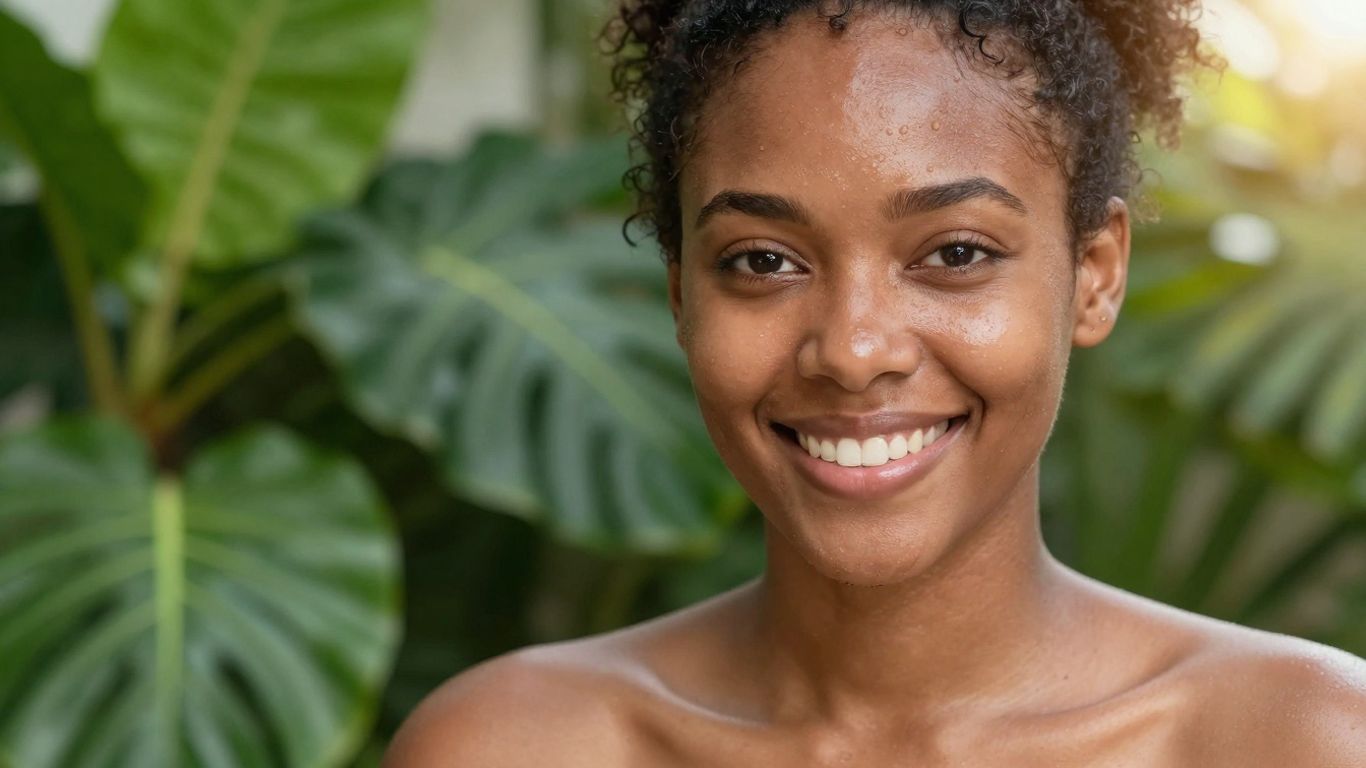 Glowing skin with natural light and green plants.