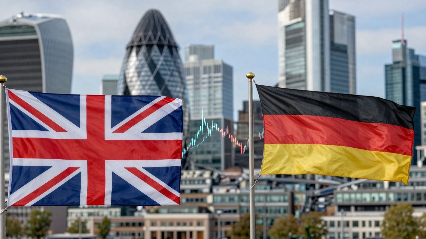 UK and German flags with financial districts, connecting charts.