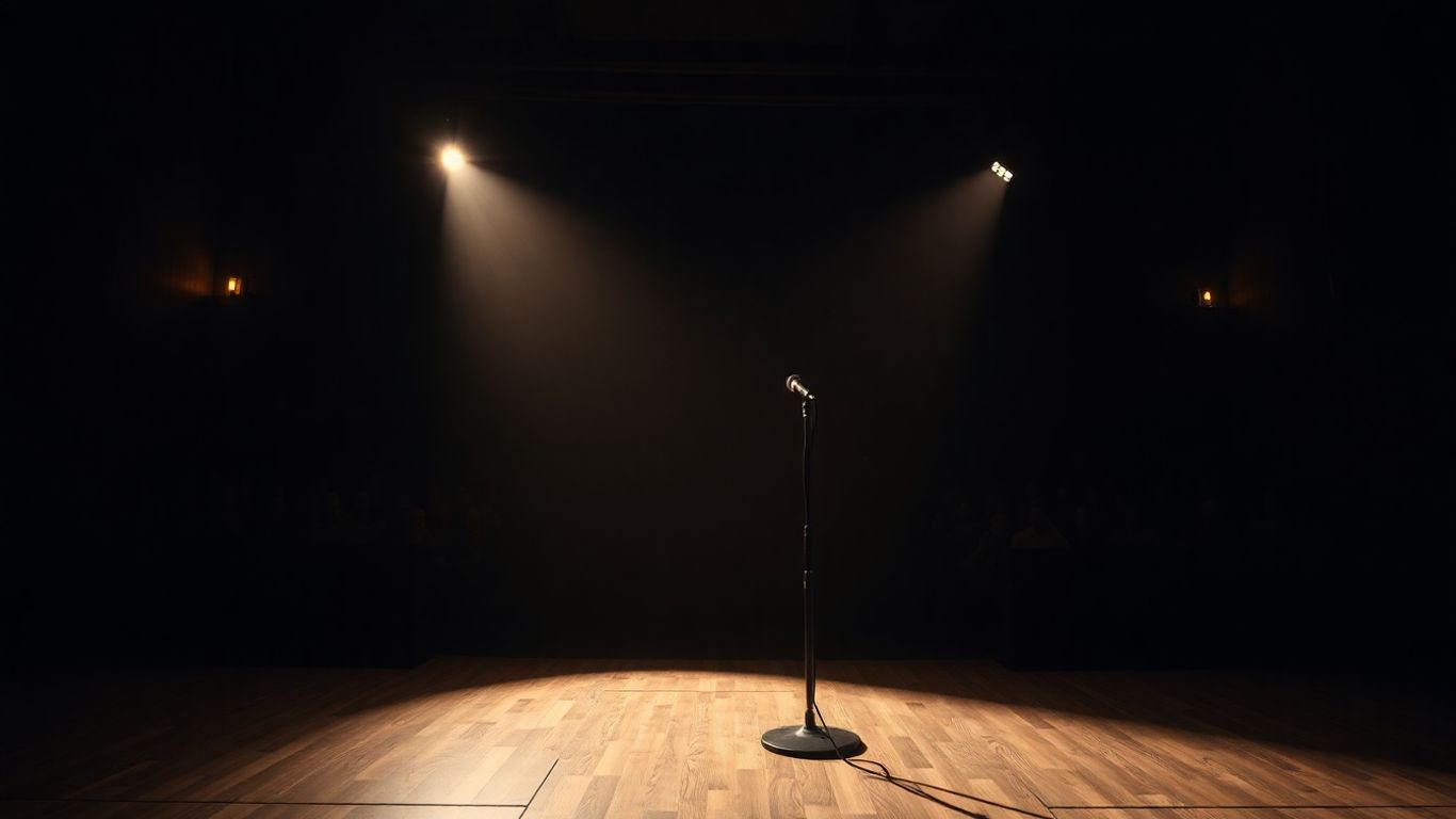 Empty comedy club stage with spotlight on microphone.