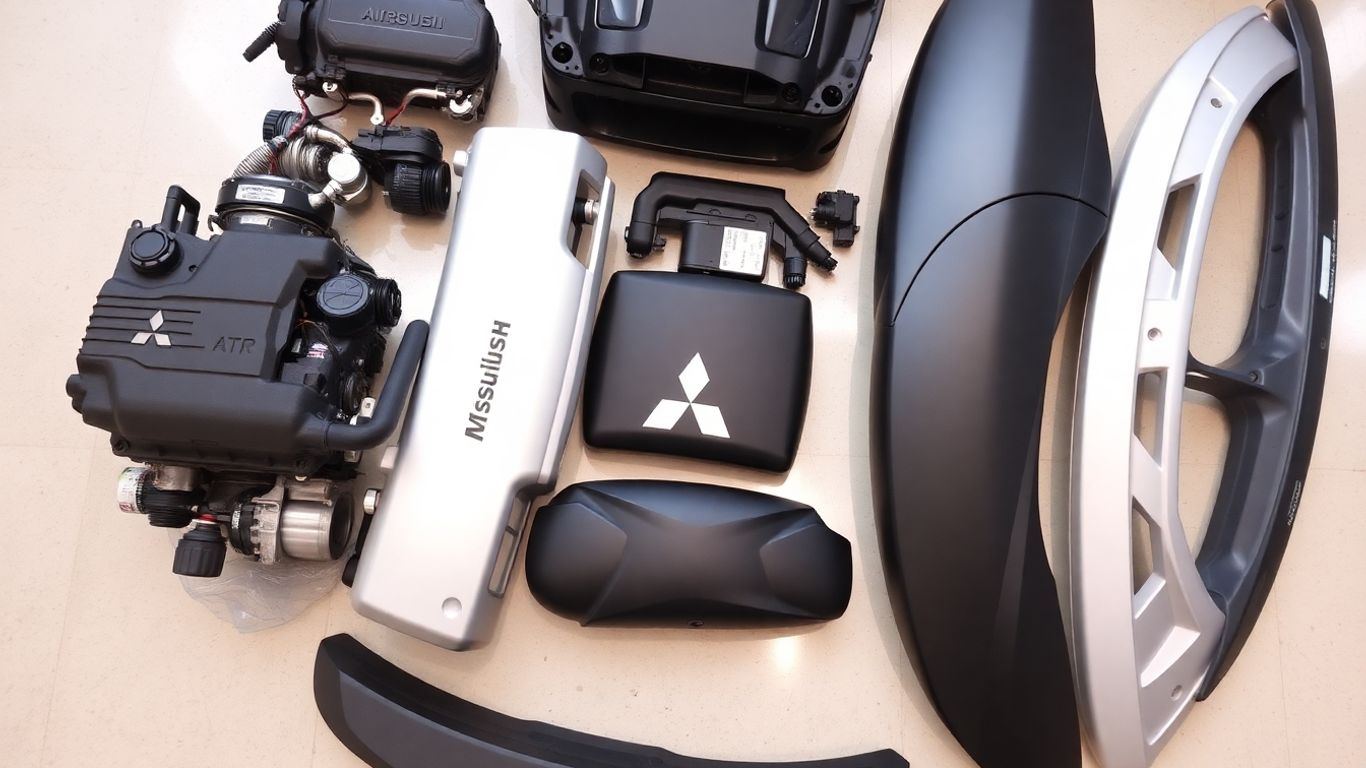 Affordable Mitsubishi car parts laid out for online purchase.