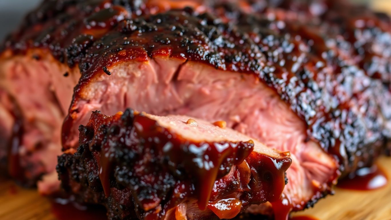 Close-up of smoky, slow-cooked brisket with bark and sauce.
