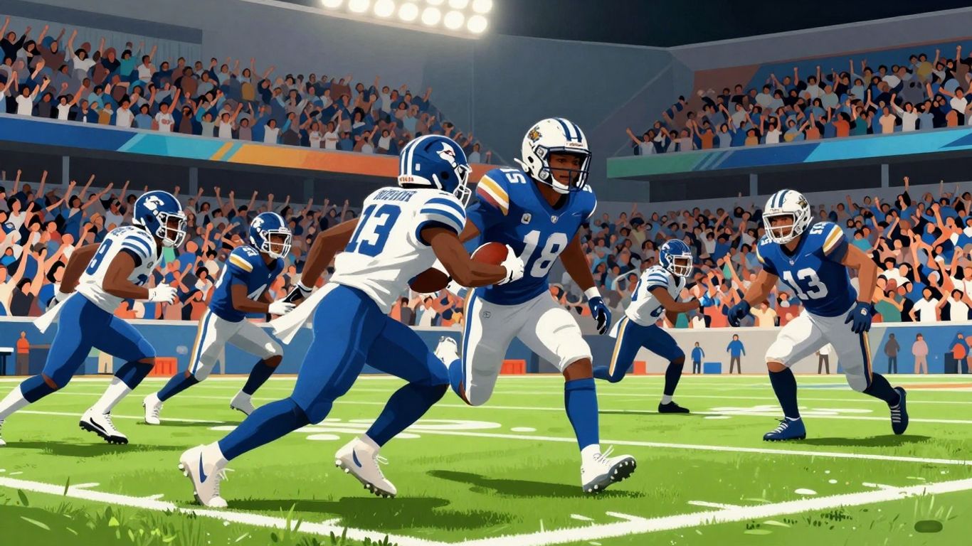 Football game action with cheering crowd and stadium lights.