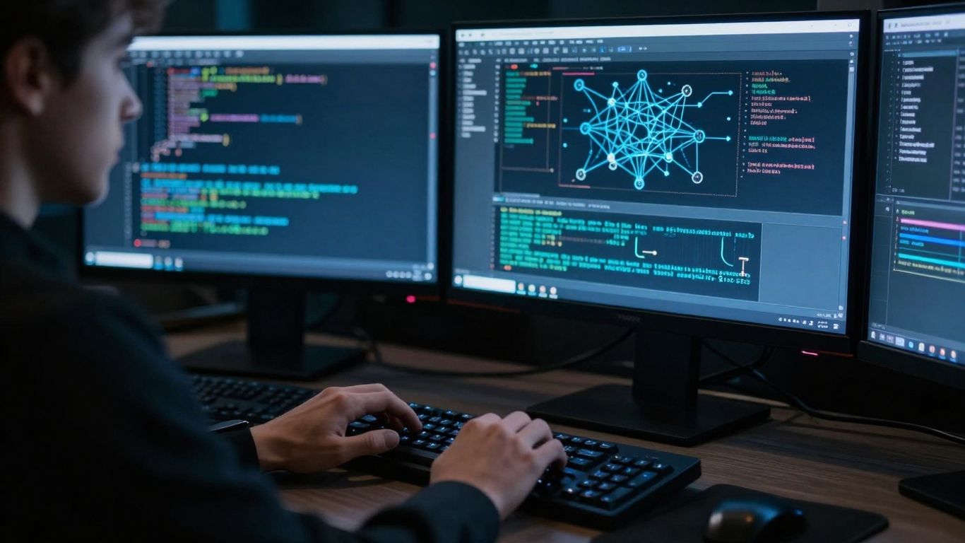 Penetration tester working on a computer.