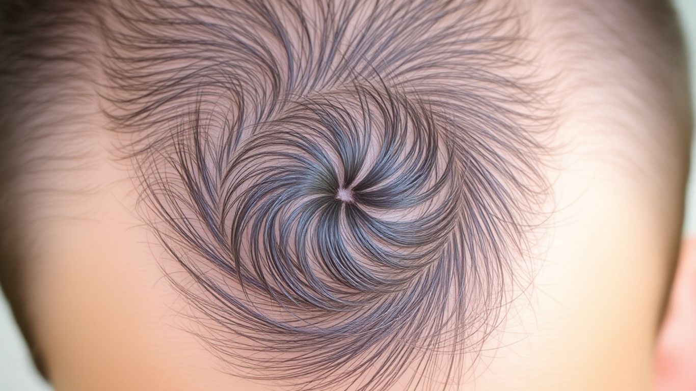 Close-up of a hair whorl pattern on a scalp.