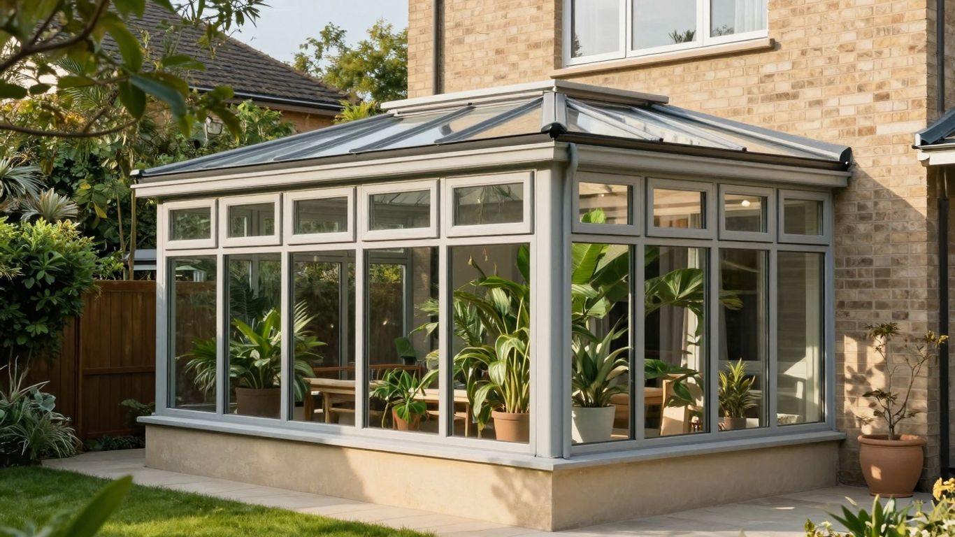 Moderner Wintergarten an einem Haus mit Pflanzen.