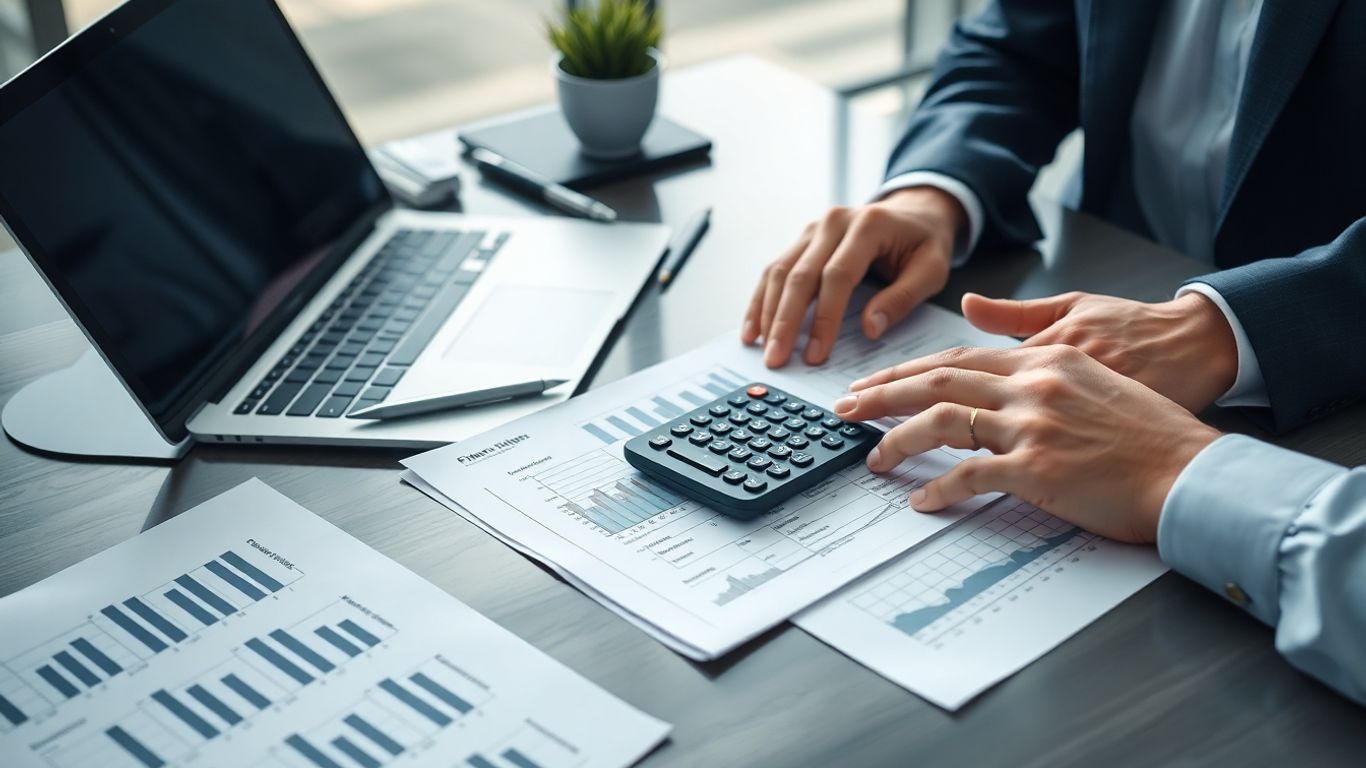 Mesa de escritório com documentos e calculadora para empresas.