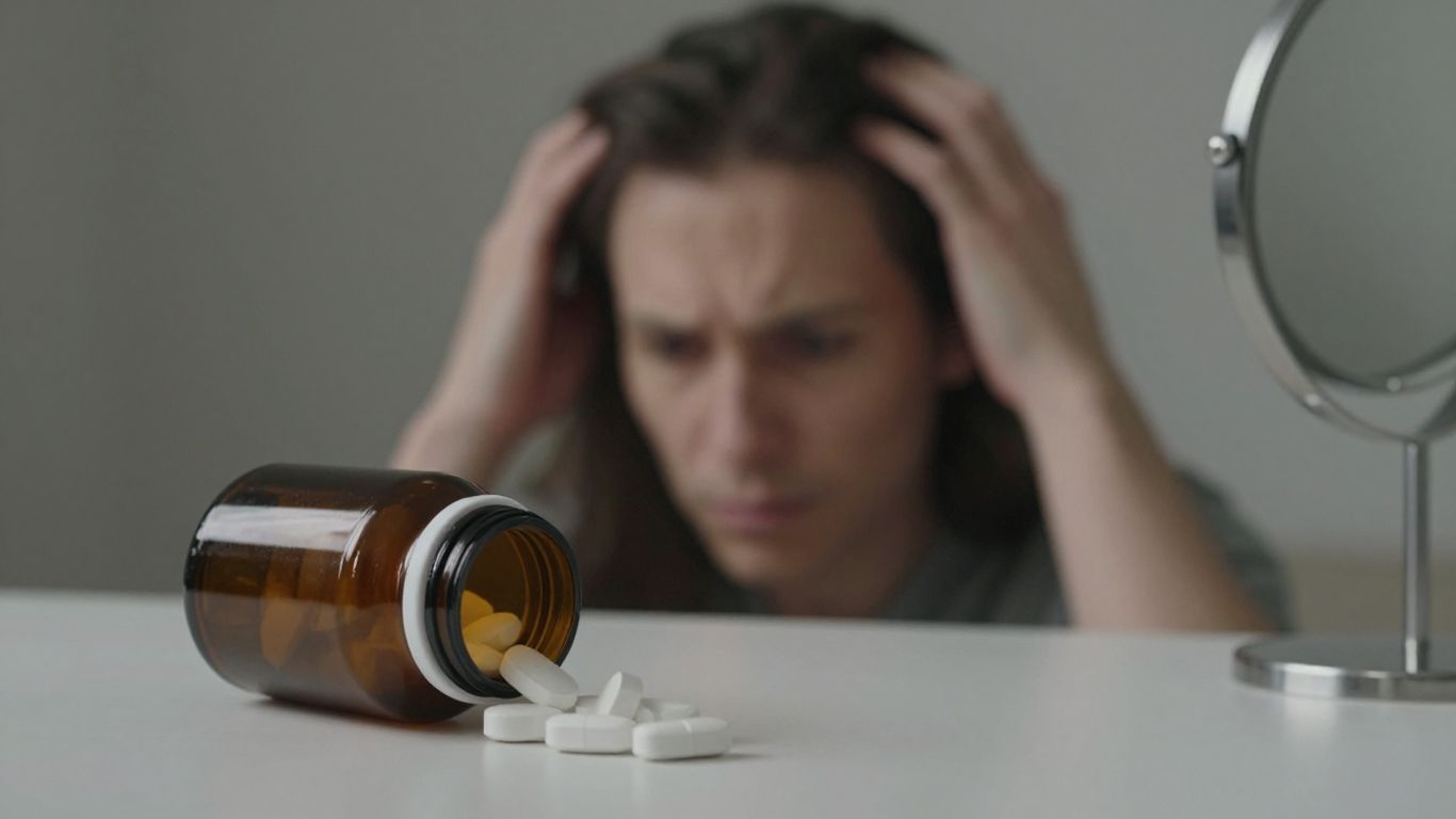 Person examining scalp beside spilled pill bottle