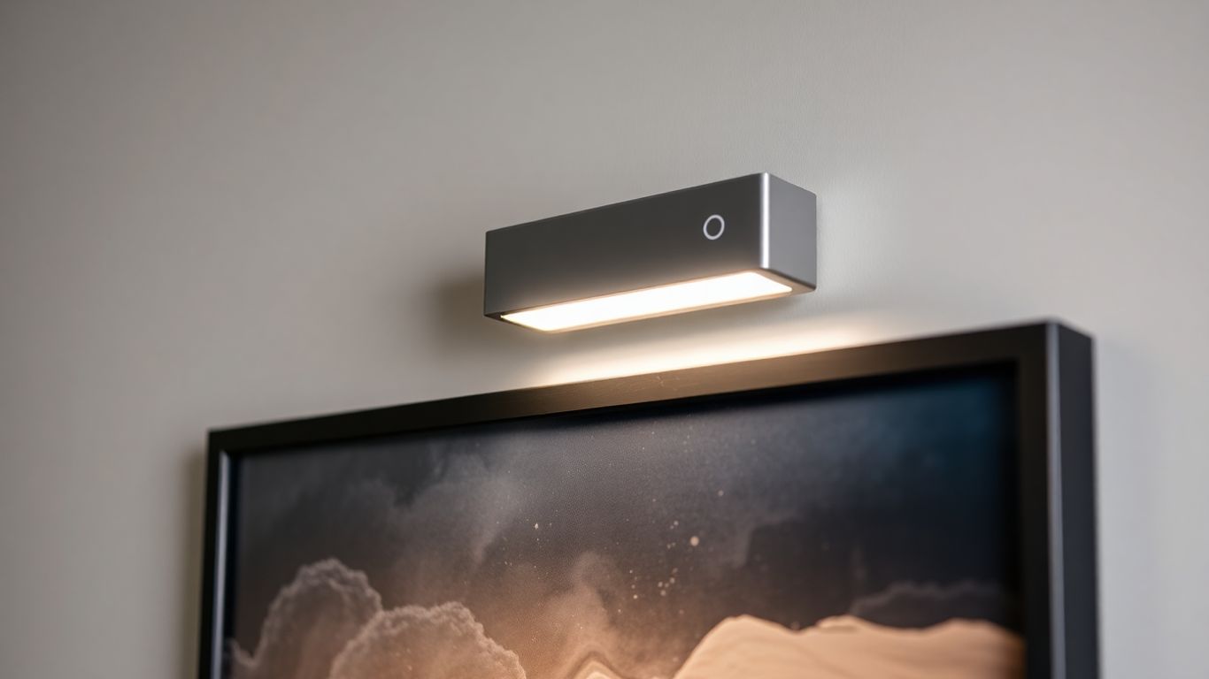 Rechargeable touch series LED picture light illuminating artwork.