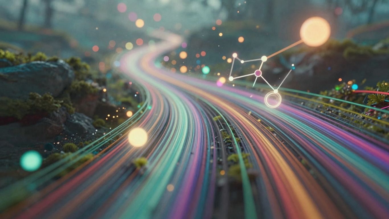 Abstract digital landscape with colorful streams and glowing orbs.