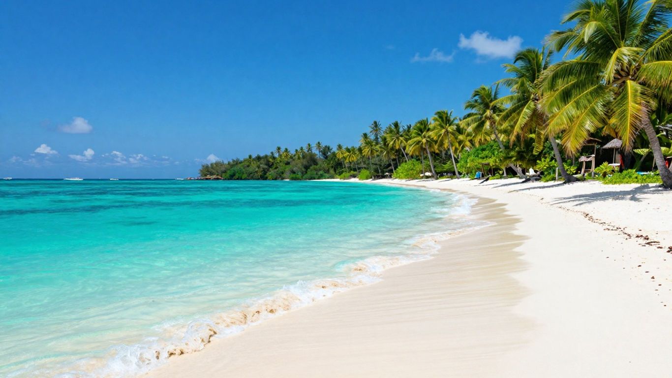 Tropical beach with clear water and palm trees.