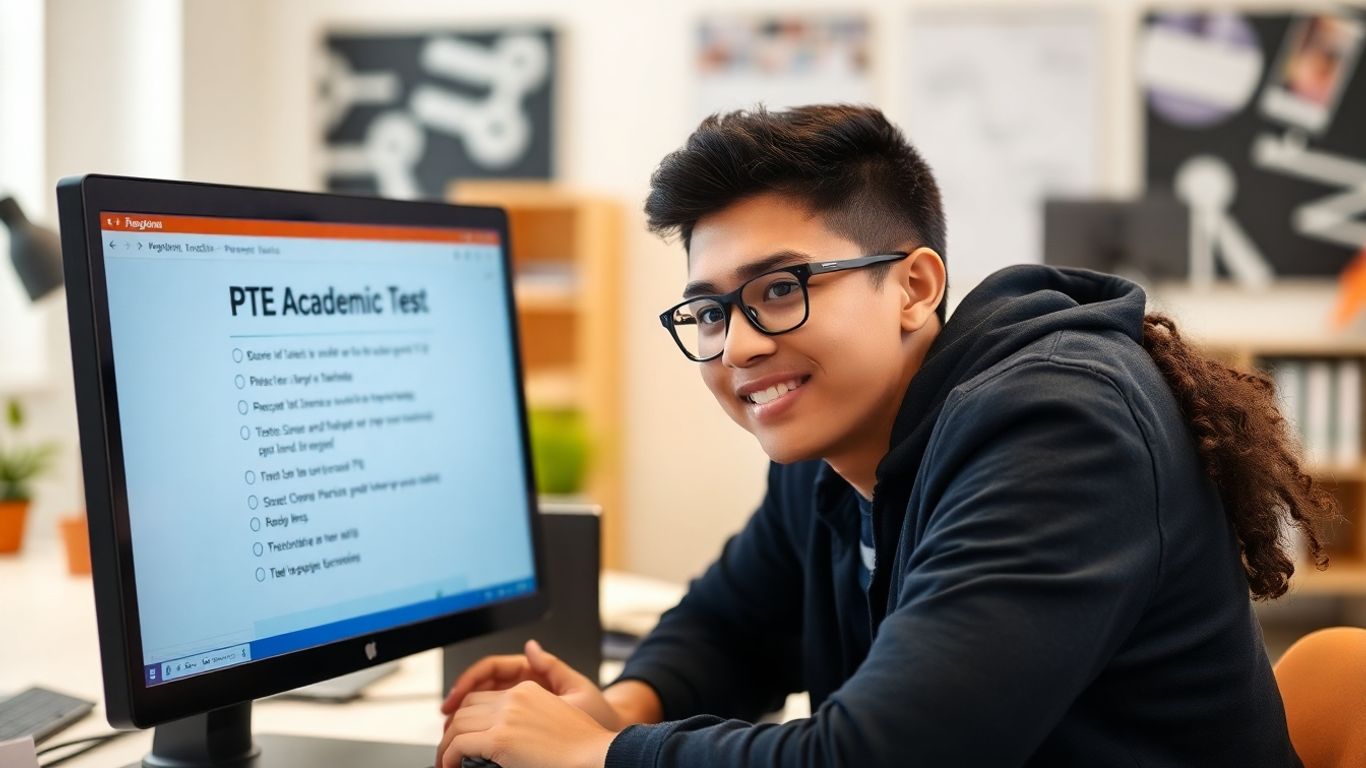 Student taking a PTE Academic practice test on a computer.