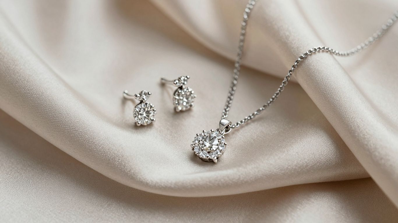 Modern bridal jewellery set with diamond earrings and necklace.
