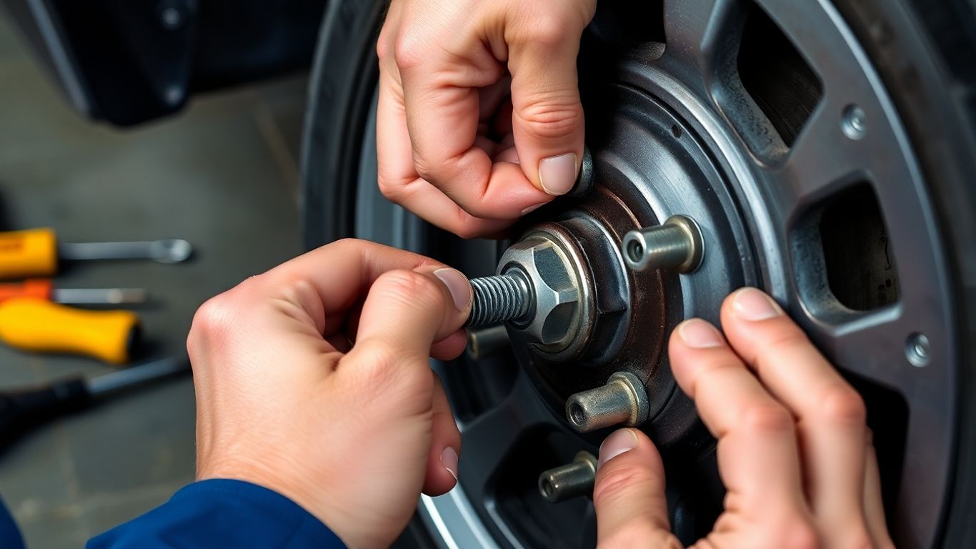 Mechanic installing a wheel stud into a car hub.
