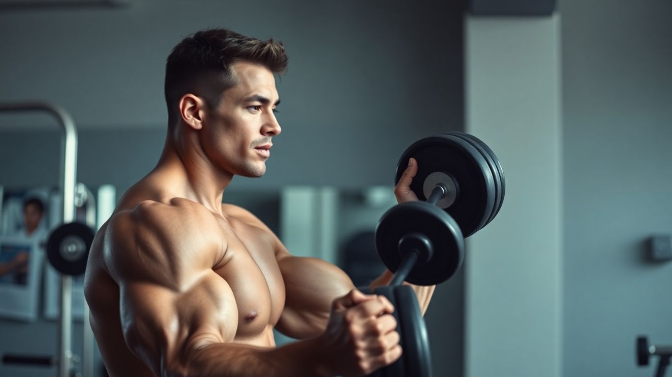 Muscular person lifting weights in a gym.