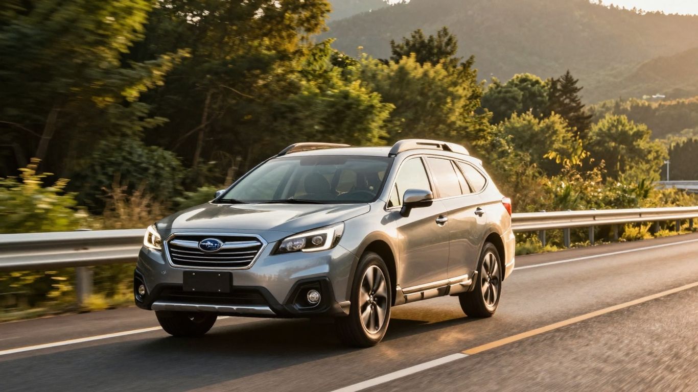 Subaru Outback driving on a scenic highway at sunset.