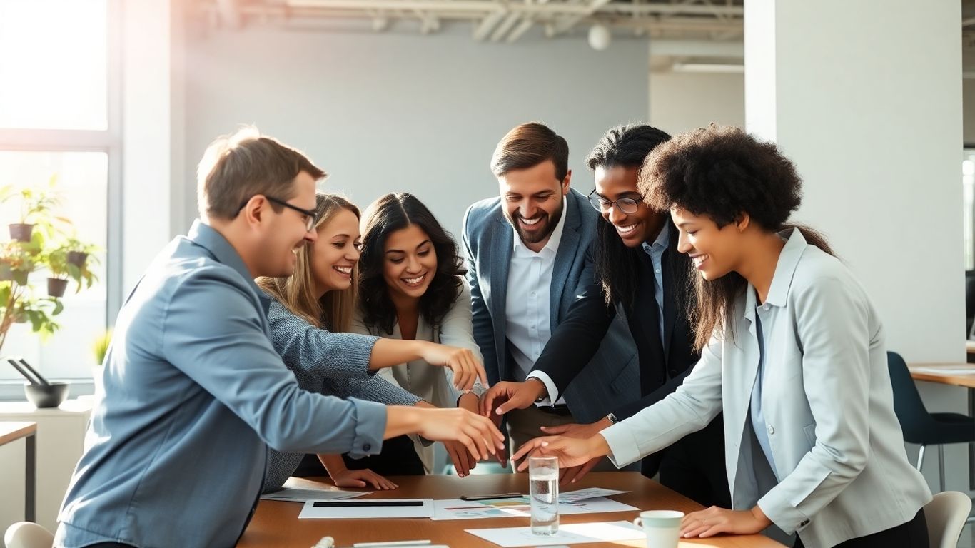 Team building activity in a modern office.